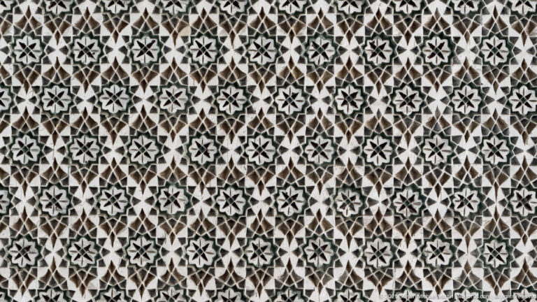 Close-up of repeating black, white, gray, and brown star-pattern geometric mosaic.