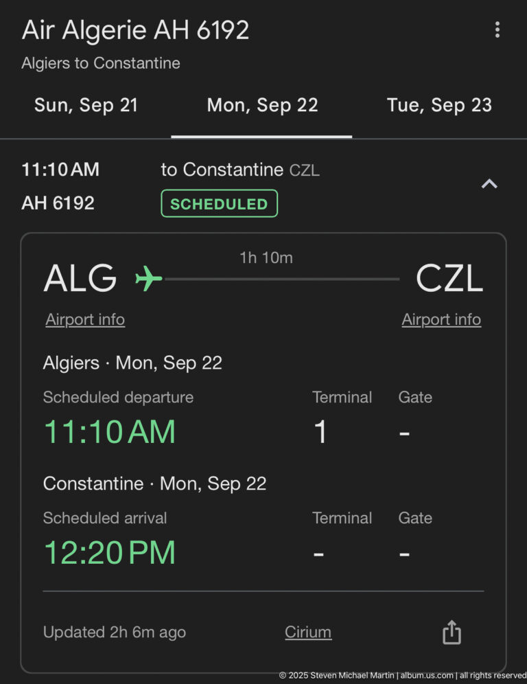 Phone screen showing an Air Algérie itinerary from Algiers to Constantine, departing 11:10 a.m. and arriving 12:20 p.m.