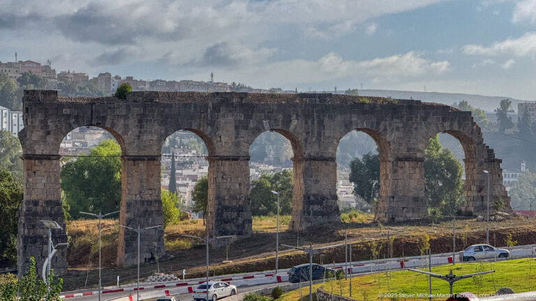 Closer view of a weathered stone aqueduct with repeated arches, heavy piers, trees, buildings, and cars below.