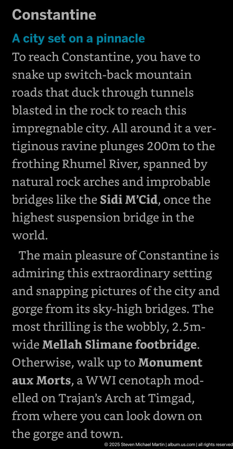 Dark screen with white travel text describing Constantine, its Rhumel gorge, bridges, Monument aux Morts, and nearby Timgad.