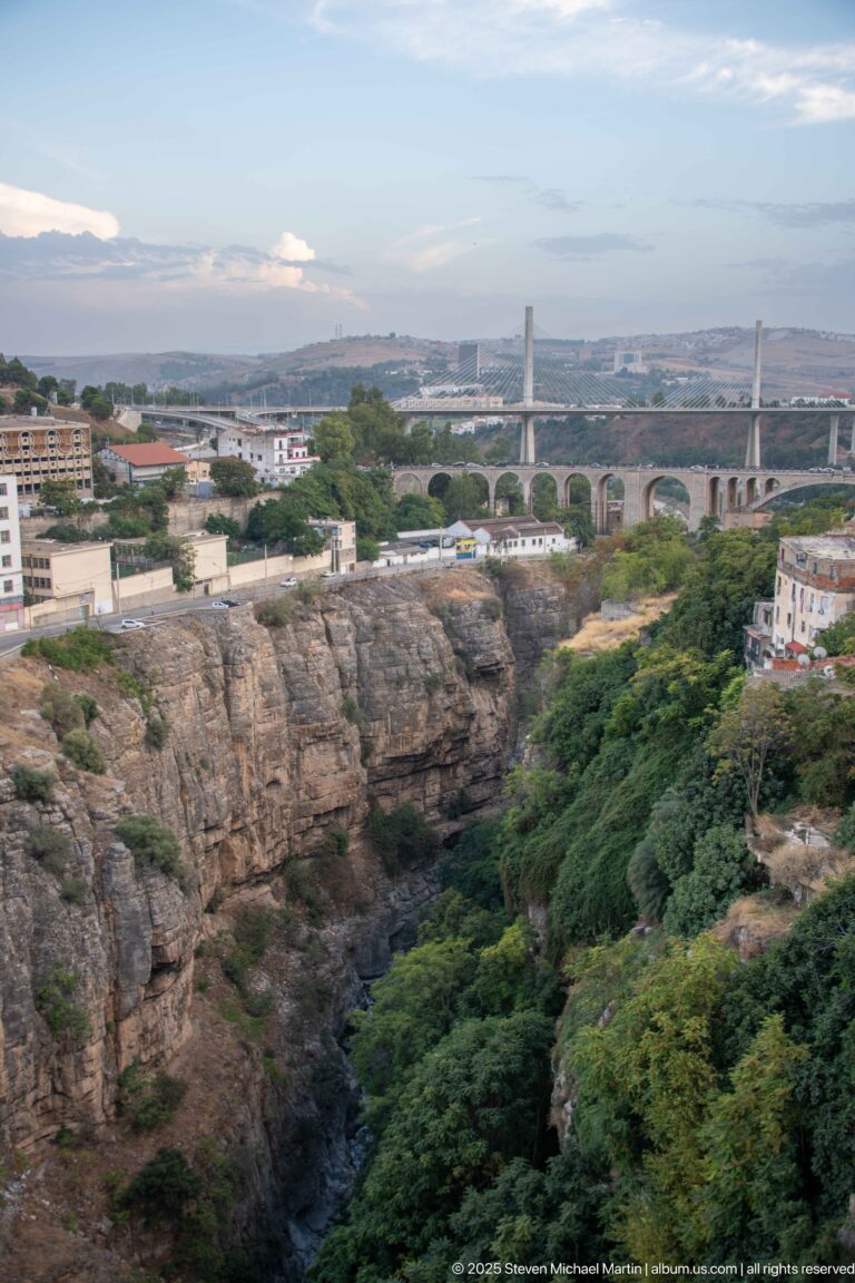 Rocky Rhumel Gorge with dense vegetation, a long bridge, and Constantine buildings extending across the plateau beyond.
