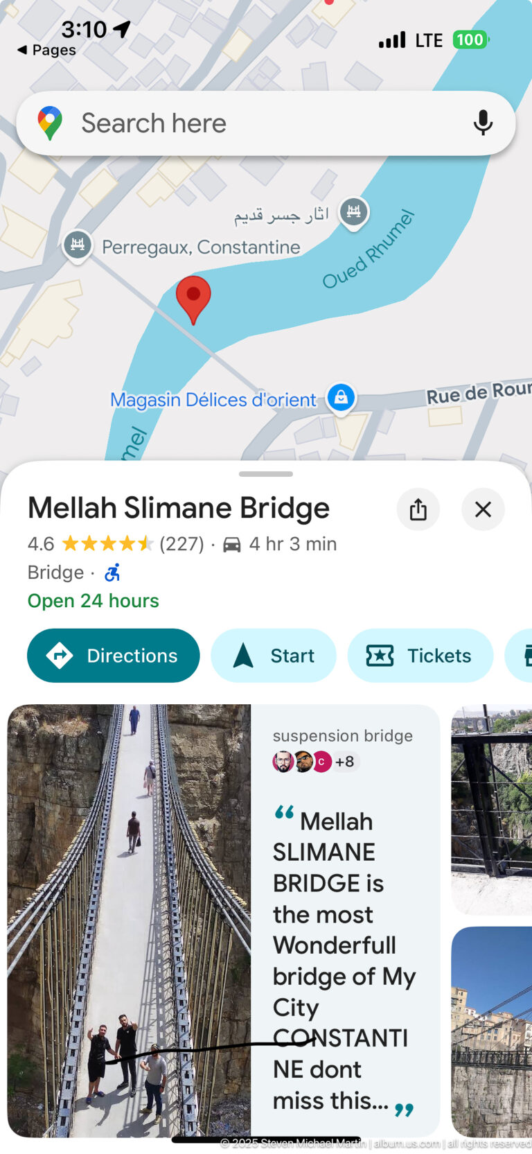 Smartphone map screen labeled “Pont Sidi M’Cid,” with a bridge preview and location marker in Constantine.
