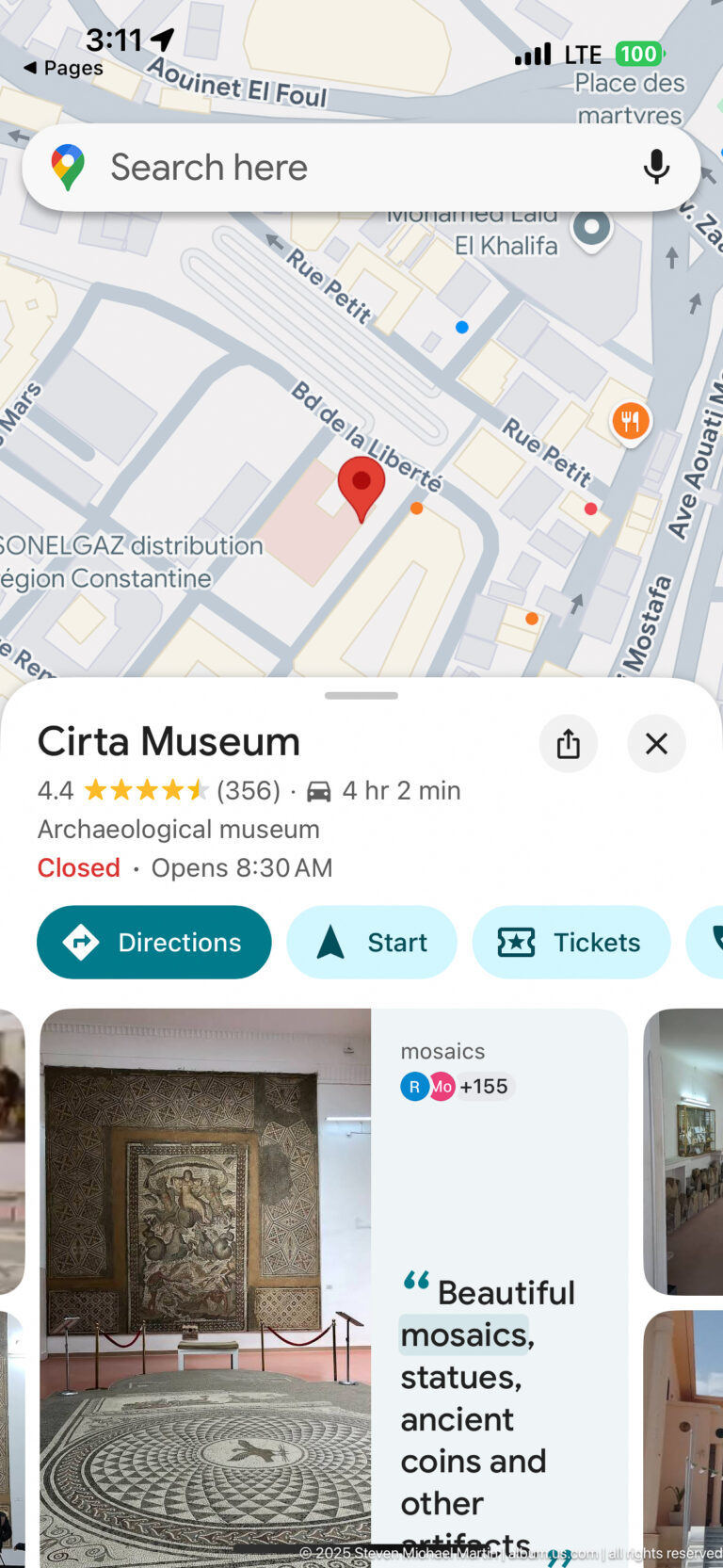 Smartphone map screen showing the Cirta Museum location in Constantine with museum information and thumbnail images.