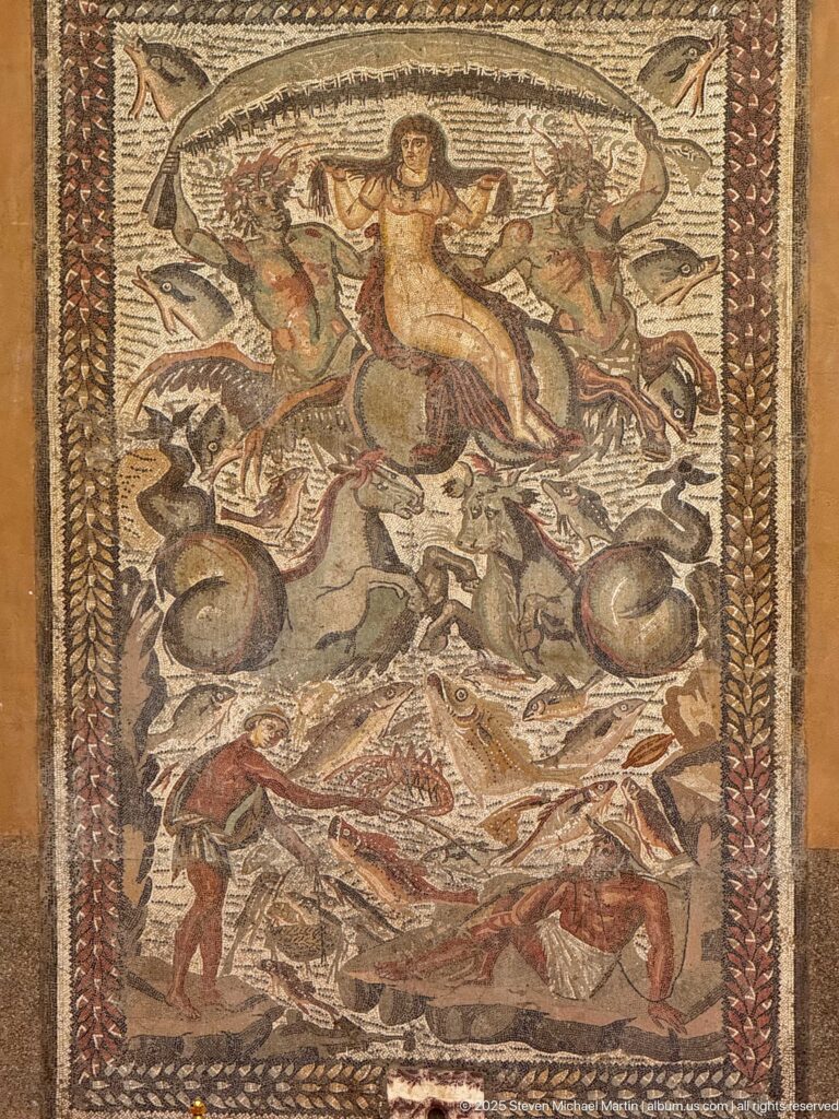 Early-4th-century Triumph of Venus mosaic with Venus, marine centaurs, sea creatures, and fishermen, from ancient Mascula.