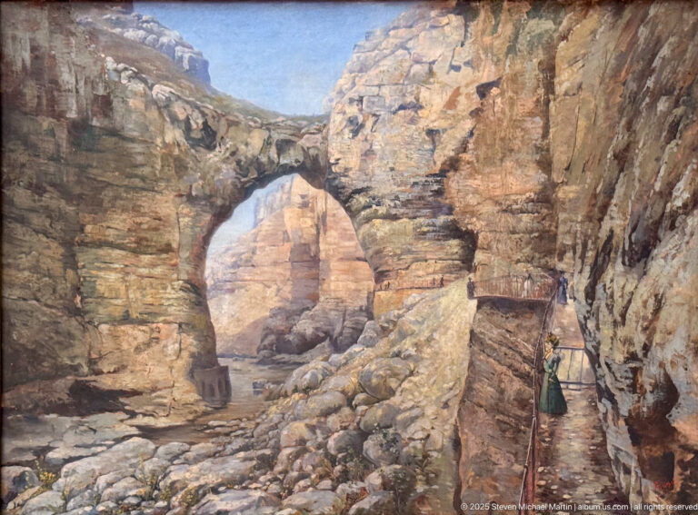 Landscape painting of a weathered stone arch among ruined masonry and rocky ground under bright light.