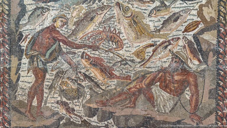 Mosaic scene with human figures, horses, wild animals, and weapons in a crowded action composition.