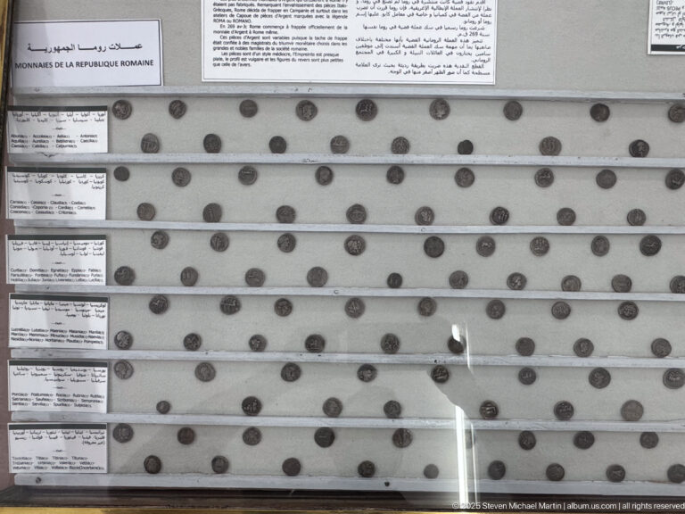 Large museum case filled with rows of ancient coins and explanatory labels arranged in horizontal groups.