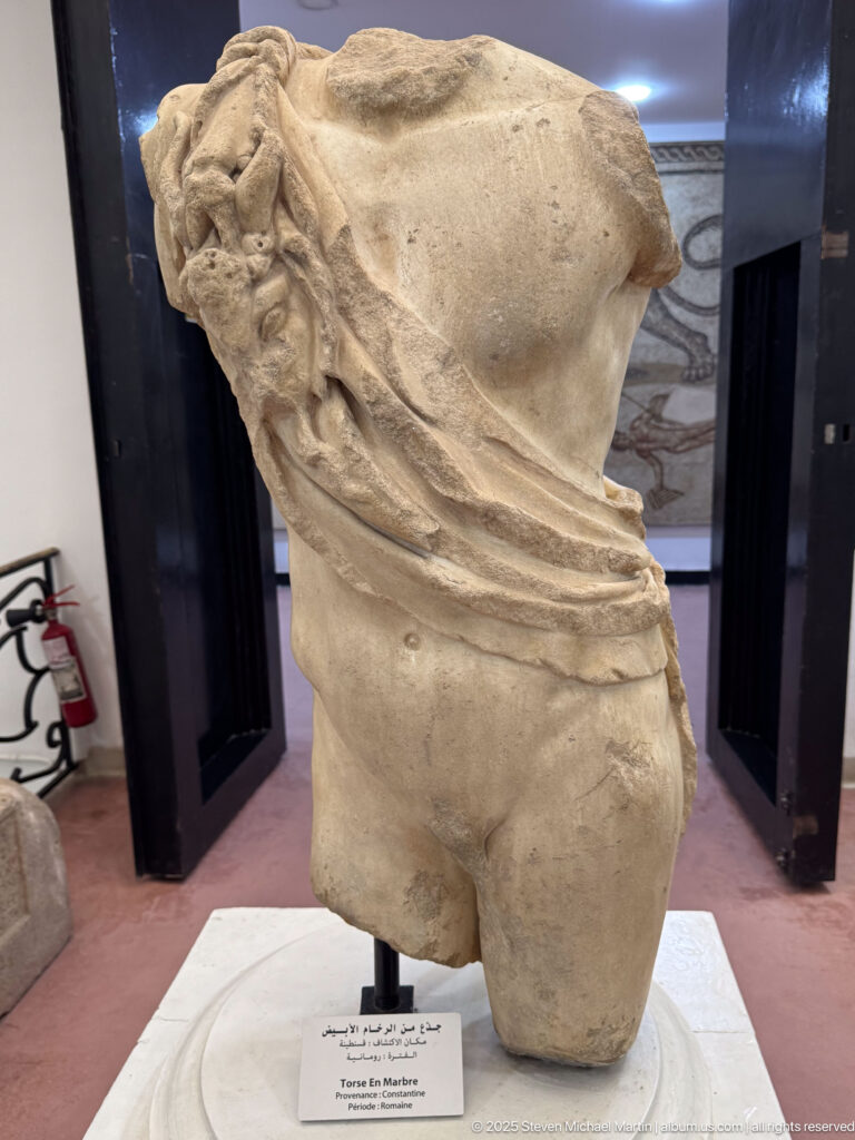 Fragmentary classical male torso with drapery across one shoulder, missing the head and arms.