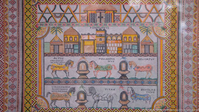 Large mosaic panel with patterned borders, labeled buildings, animals, plants, and Latin inscriptions.