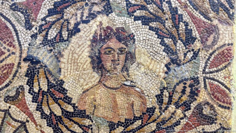 Close-up of a reddish-haired female mosaic portrait framed by dark leafy foliage.