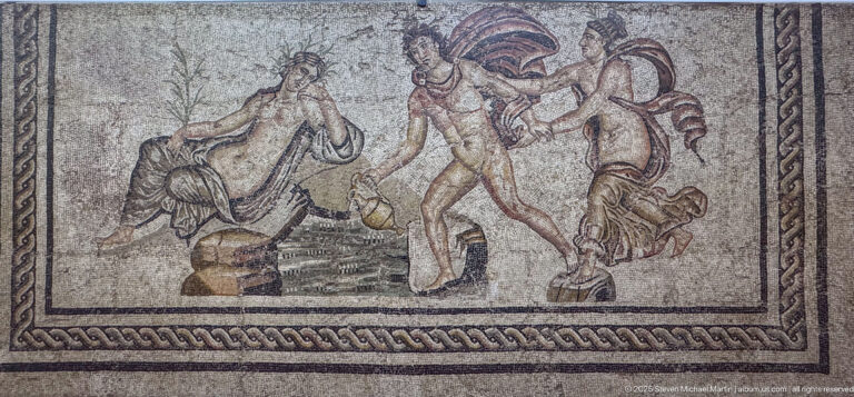 Roman mosaic of Hylas being carried away by nymphs, the lower register of the Bacchic Panther pavement.