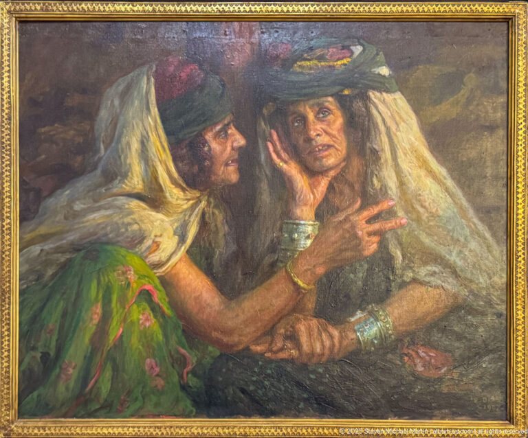 Painting of two women in traditional dress and jewelry, shown close together against a dark background.