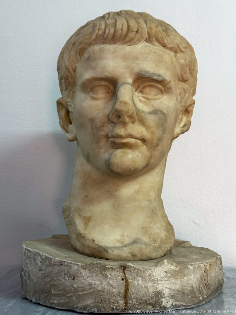 Front-facing marble portrait head of a clean-shaven young man with short curls on a simple base.