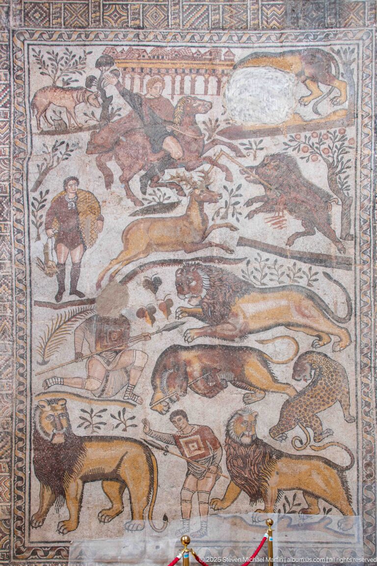 Great Hunt Mosaic from the House of Bacchus, with hunters confronting lions, a leopard, boar, deer, and other animals.
