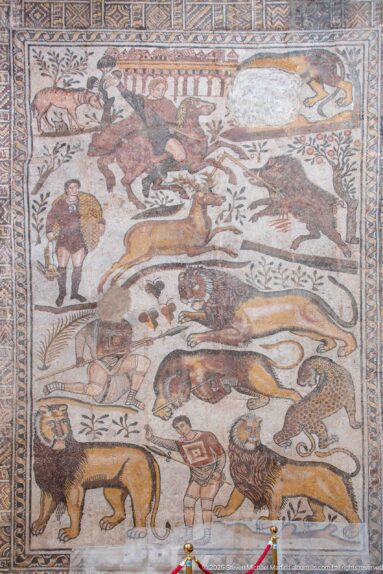 Great Hunt Mosaic from the House of Bacchus, with hunters confronting lions, a leopard, boar, deer, and other animals.