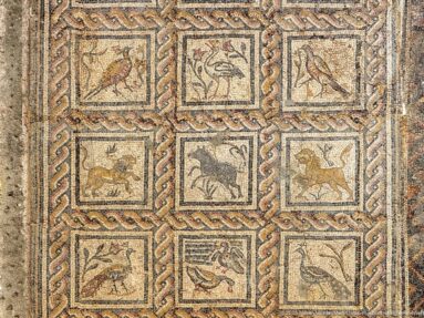 Roman mosaic divided into nine braided square panels, each containing a different bird or animal.