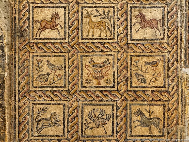 Roman mosaic with nine braided square panels containing animals, birds, and a decorative vessel in the center.