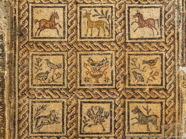 Roman mosaic with nine braided square panels containing animals, birds, and a decorative vessel in the center.