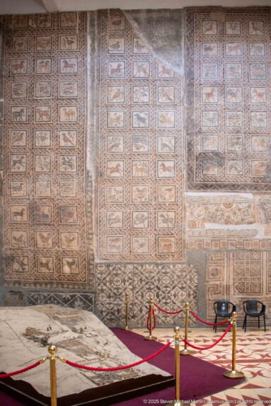 Museum gallery corner covered with large geometric Roman mosaics, with red rope barriers and chairs in the foreground.