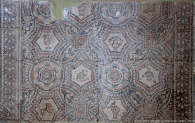 Roman mosaic with polygonal compartments containing vessels, birds, animals, and circular geometric motifs.