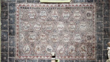 Large Roman mosaic of hexagonal compartments containing vessels, animals, birds, and small decorative emblems.