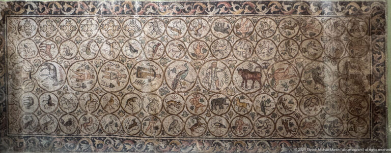 Roman mosaic of curling vine compartments filled with birds, quadrupeds, and other small animals.