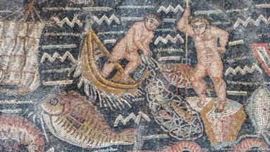 Fishing detail from the Toilet of Venus Mosaic with two fishermen, a net, fishing gear, and fish in dark water.