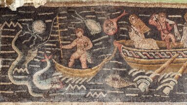 Marine detail from the Toilet of Venus Mosaic with fishermen in boats, fish, and fantastical sea creatures.