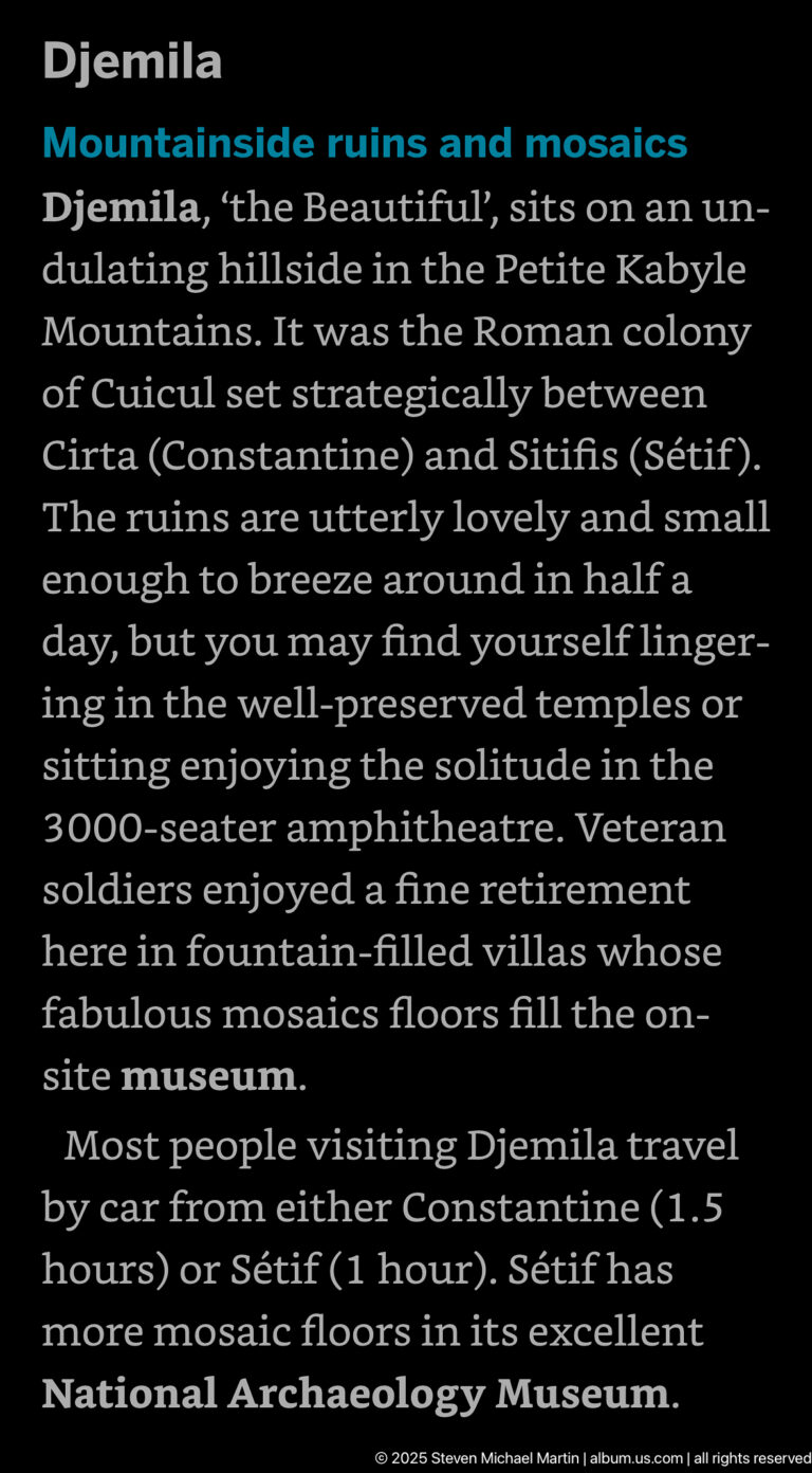 Screen displaying English visitor information about Djemila, its Roman ruins, mosaics, amphitheatre, and museum.