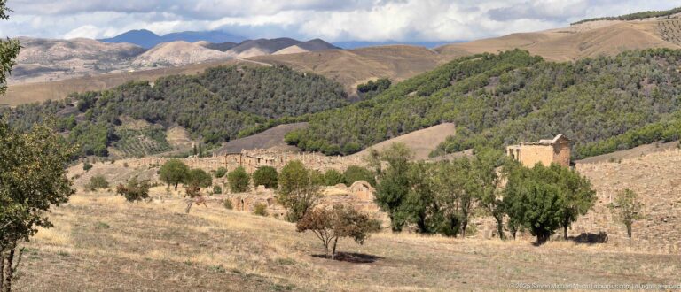 Scattered Djemila ruins in a valley framed by wooded slopes and pale eroded mountains.