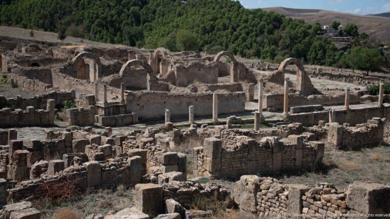 Elevated view of a roofless Roman building complex with repeated arches, walls, and adjoining ruins.