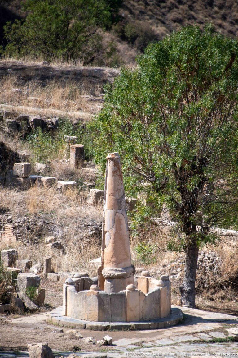 Tapered weathered stone element on a low circular base beside a tree at Djemila.