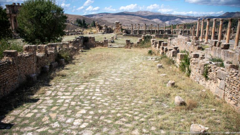 Long stone-paved Roman street lined with columns, low walls, and ruins at Djemila.