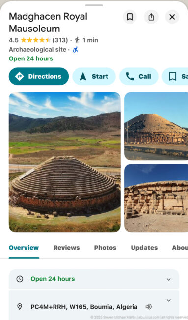 Mobile map screen for Medghacen Royal Mausoleum near Boumia, Algeria, showing navigation buttons, site photographs, and location information.