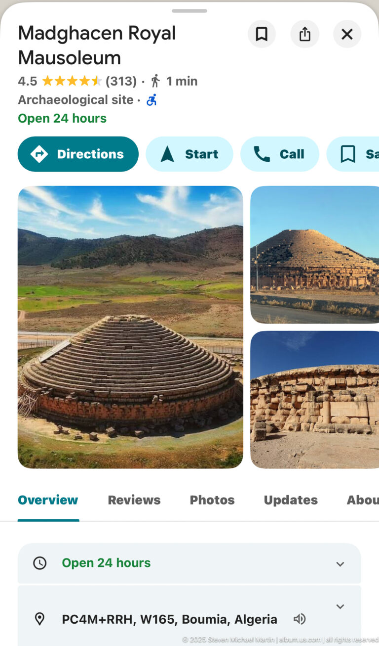 Mobile map screen for Medghacen Royal Mausoleum near Boumia, Algeria, showing navigation buttons, site photographs, and location information.