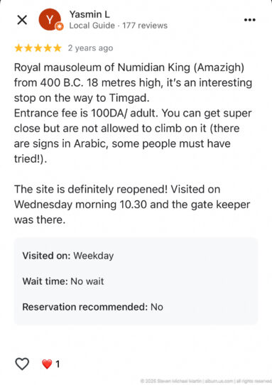 Mobile review screen describing a Numidian royal mausoleum visit, with weekday, no-wait, and no-reservation fields visible below.