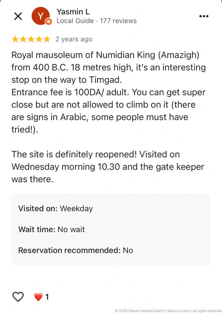 Mobile review screen describing a Numidian royal mausoleum visit, with weekday, no-wait, and no-reservation fields visible below.
