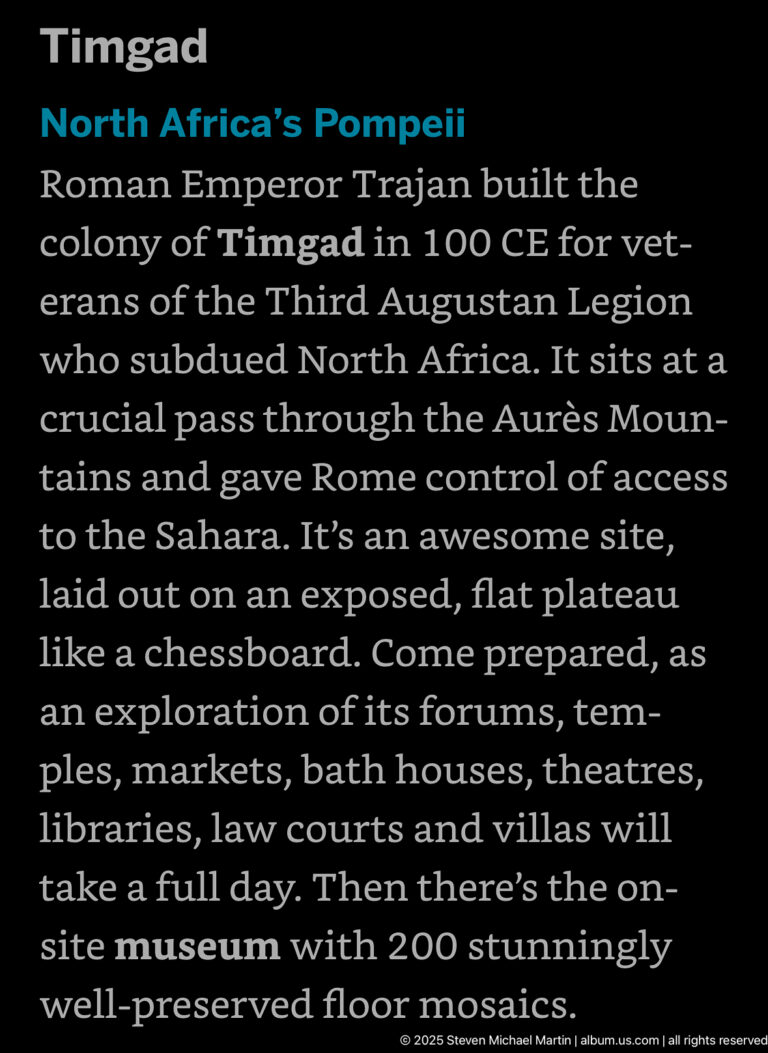 Interpretive panel with white text on a black background introducing the Roman city of Timgad.