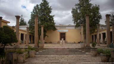 Colonnaded museum courtyard with ancient stone columns, steps, trees, and an ochre building at the far end.