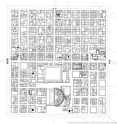 Detailed black-and-white plan showing Timgad’s gridded streets, building blocks, and major monuments.