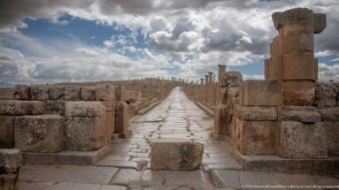Long stone-paved Roman street at Timgad flanked by columns, bases, and low masonry ruins.
