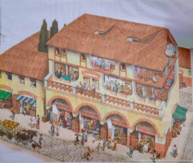 Interpretive illustration of a multistory Roman building with tiled roof, arcades, balconies, shops, and people.