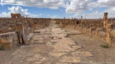 Ancient paved street extending between low ruins and scattered columns at Timgad.