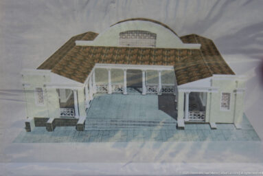 Reconstruction model showing a broad Roman interior behind a columned façade and roof sections.
