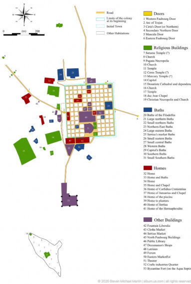 Color-coded visitor map of Timgad with numbered monuments, street grid, and legend.