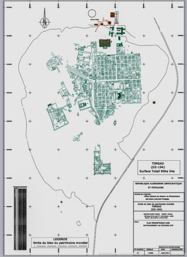 Technical survey plan showing Timgad’s ancient street grid within the surrounding archaeological landscape.