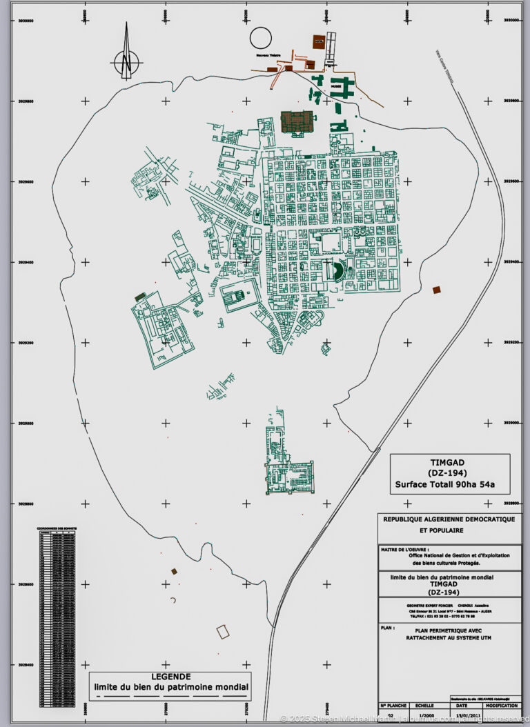 Technical survey plan showing Timgad’s ancient street grid within the surrounding archaeological landscape.