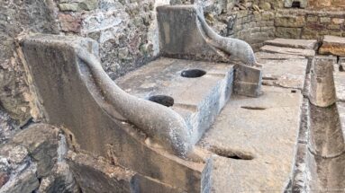 Oblique view across multiple Roman latrine seats, curved partitions, and floor openings at Timgad.