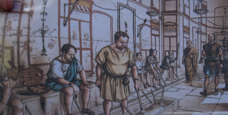 Interpretive drawing of people using a communal Roman latrine with bench seating and tiled walls.
