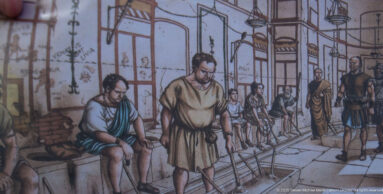 Interpretive drawing of people using a communal Roman latrine with bench seating and tiled walls.